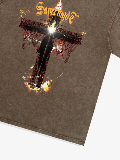 Washed Gothic Cross Graphic T-Shirt 