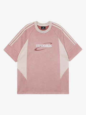 Suede Contrast Color Spliced Letter Embroidery Oversize T-shirt - 2462 