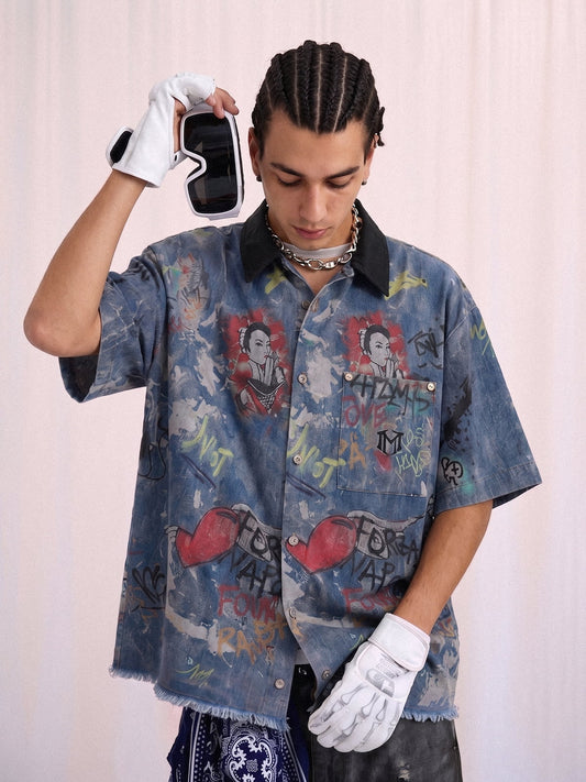 Tie-Dye Denim Graffiti Polo T-Shirt