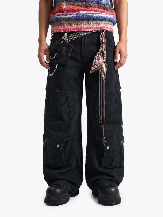 Draped Fabric Accessories Deconstructed Wide Leg Cargo Pants