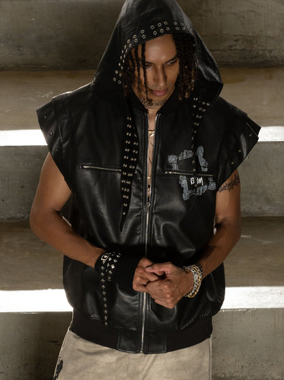Thorn Destruction Frame Pattern Leather Vest 