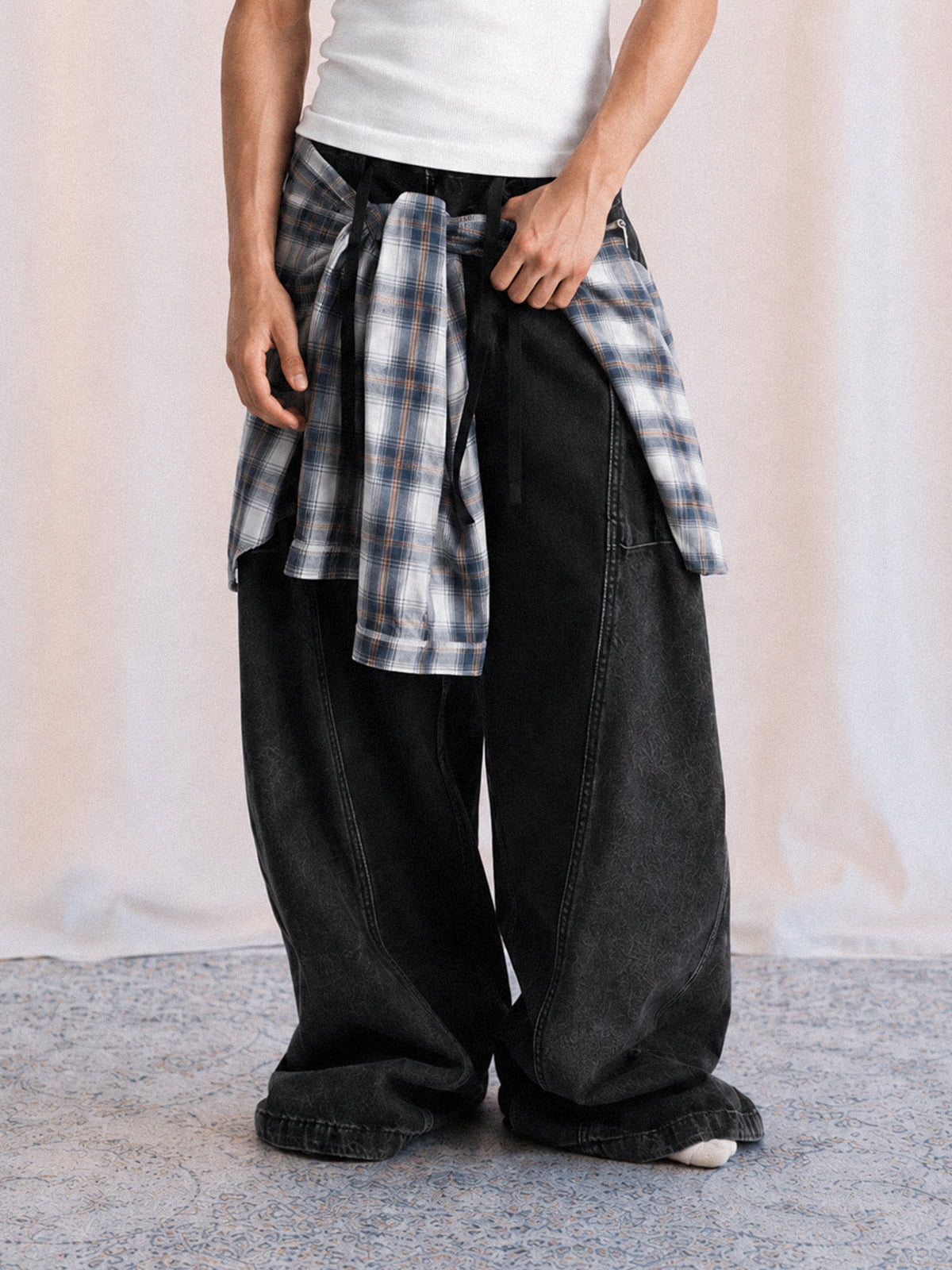 Denim Faux Two-piece Plaid Detachable Scimitar Jeans - 2435