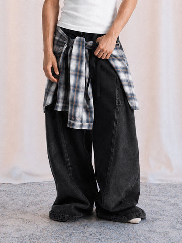 Denim Faux Two-piece Plaid Detachable Scimitar Jeans - 2435