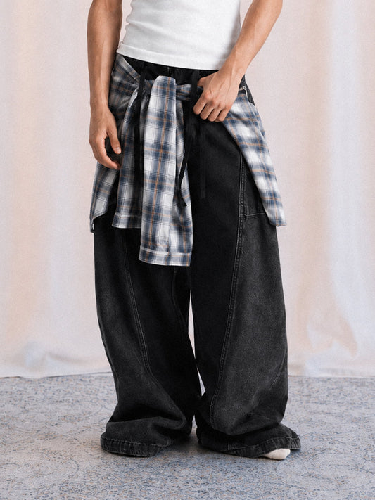 Denim Faux Two-piece Plaid Detachable Scimitar Jeans - 2435