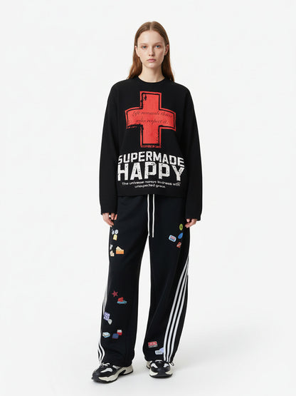 Street Cross Lettering Print Long-Sleeved T-Shirt 