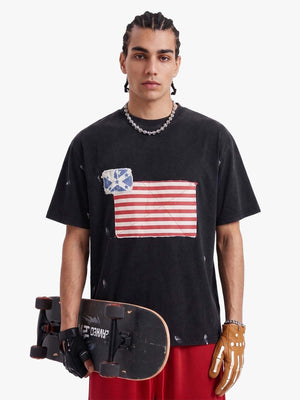 Vintage Washed Flag Patchwork Graphic T-Shirt