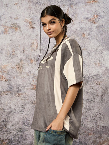 Jersey Deconstructed Contrast Color Stitching Print T-shirt - 2407 
