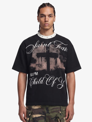 Gothic Cross Print Studded Collar Waffle Knit Graphic T-Shirt 