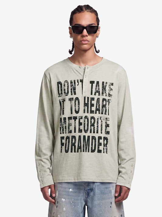 Vintage Grunge Text Print Henley Long Sleeve T-Shirt 