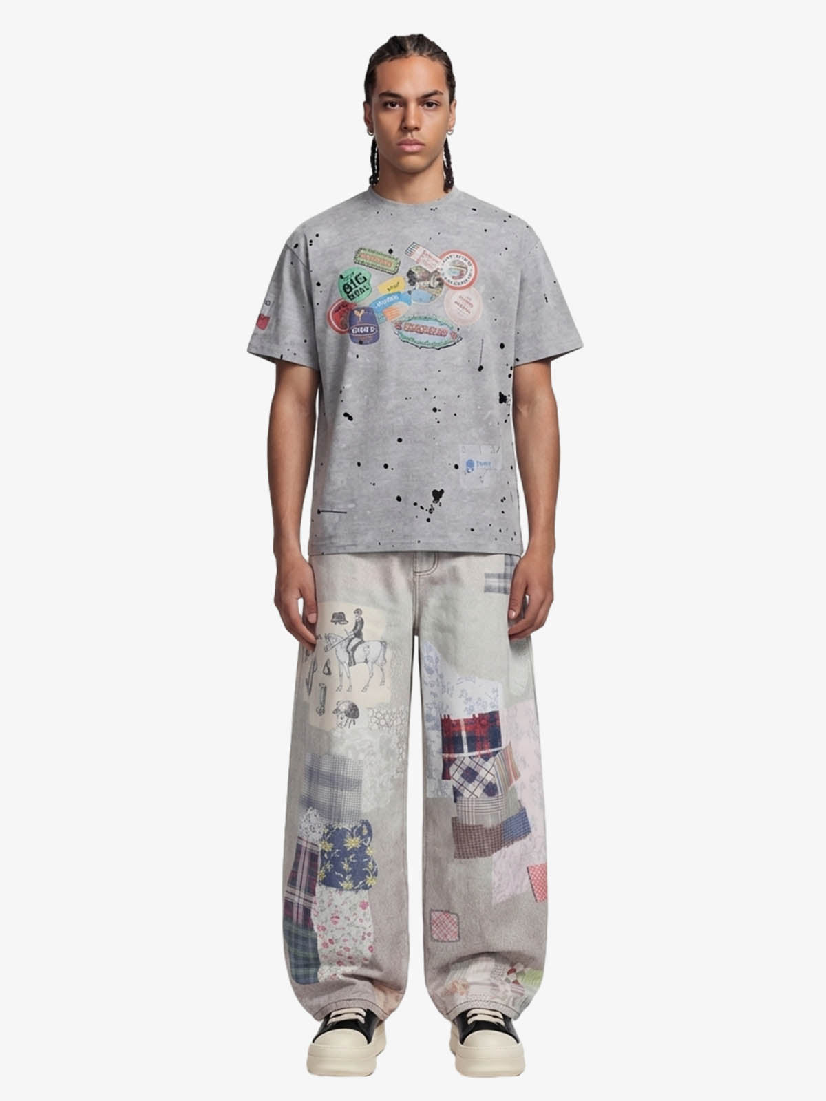 Vintage Wash Collage Print Curved Leg Denim Jeans 