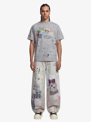 Vintage Wash Collage Print Curved Leg Denim Jeans 