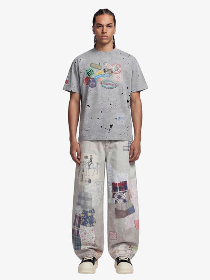 Vintage Wash Collage Print Curved Leg Denim Jeans 