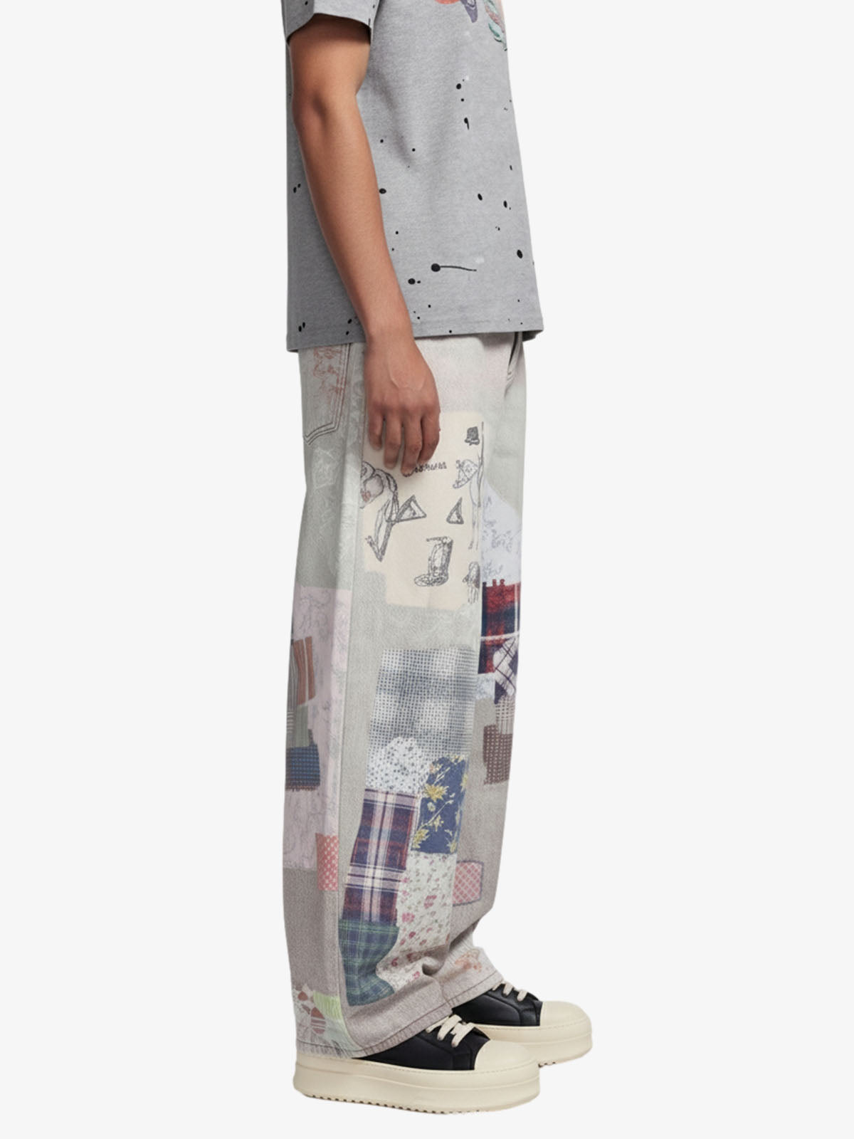 Vintage Wash Collage Print Curved Leg Denim Jeans 