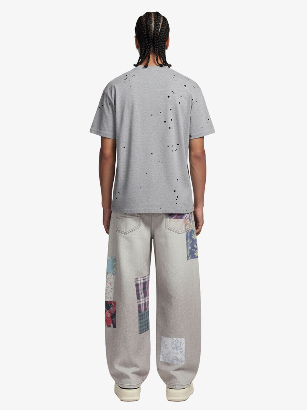Vintage Wash Collage Print Curved Leg Denim Jeans 