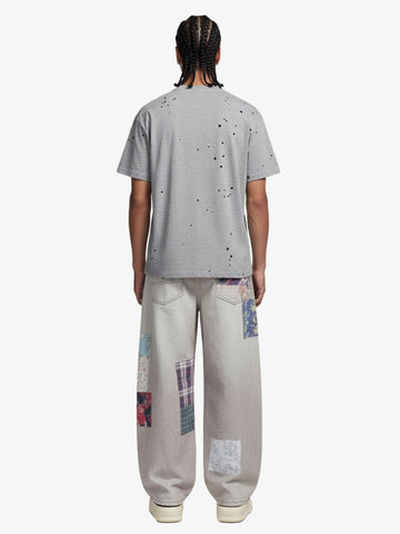 Vintage Wash Collage Print Curved Leg Denim Jeans 