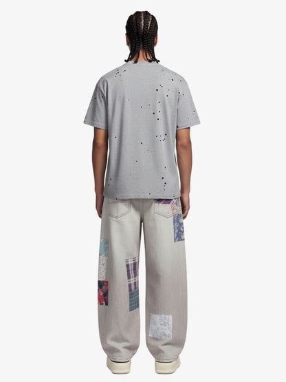Vintage Wash Collage Print Curved Leg Denim Jeans 
