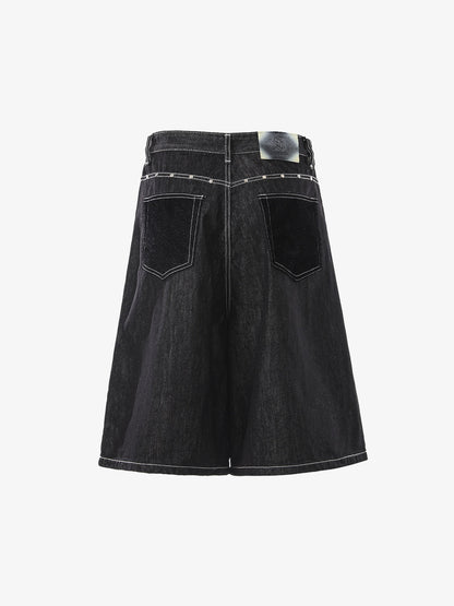 Vintage Contrast Stitch Wide Leg Denim Jorts