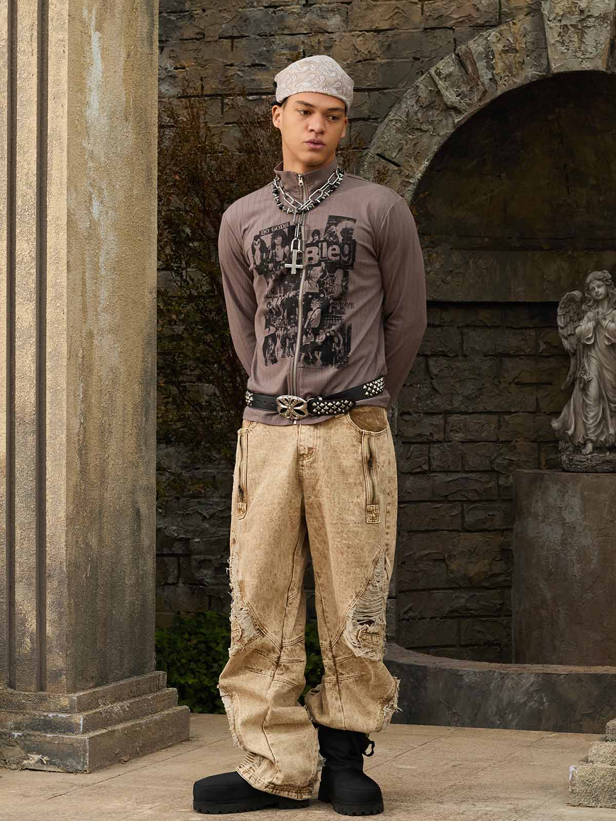 Distressed Raw-Edge Panel Sculpted Wide-Leg Jeans - 2590 