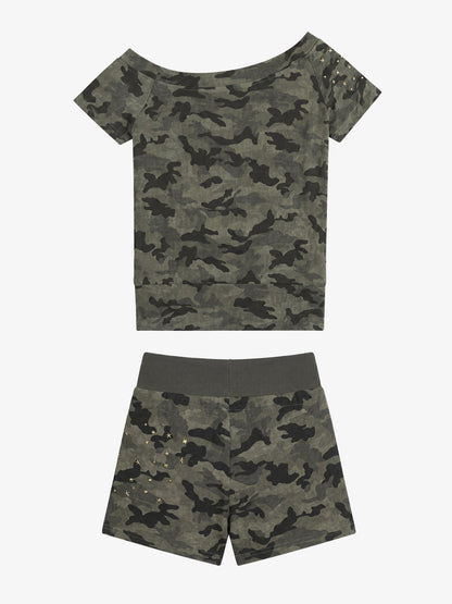 Camo Faux Fur Lounge Set – Gold Star Embellished Shorts & Tee Streetwear Set
