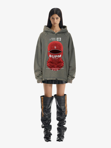 Retro Bandit Hat Graphic Distressed Cropped Hoodie 