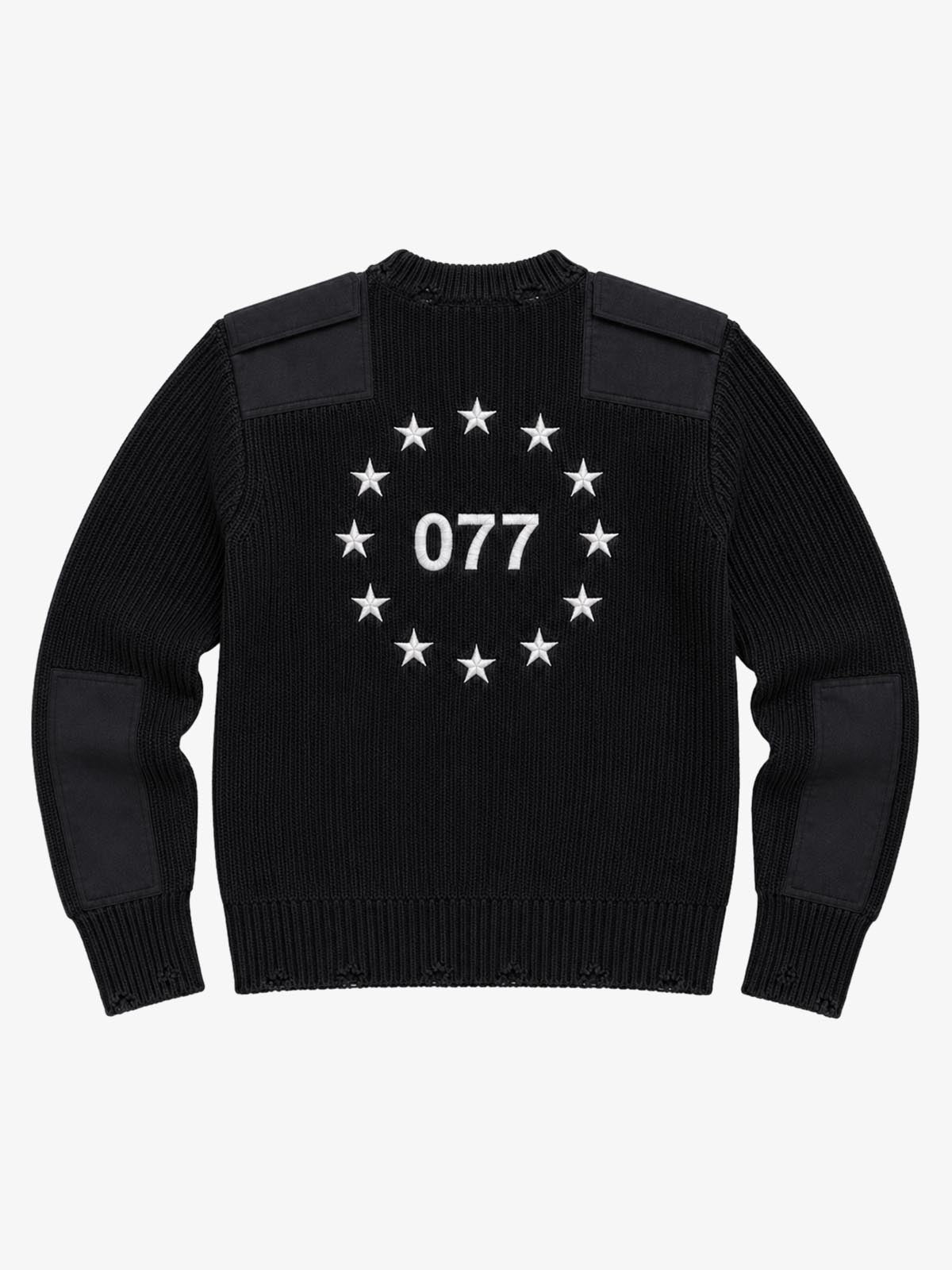Embroidered Patchwork Distressed Knit Sweater