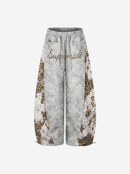 Rhinestone Logo Leopard Patchwork Sweatpants 