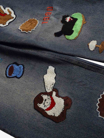 Retro Cartoon Graphic Heavy Embroidery Barrel Jeans - 2562 