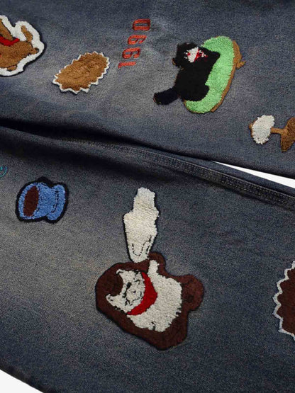 Retro Cartoon Graphic Heavy Embroidery Barrel Jeans - 2562 