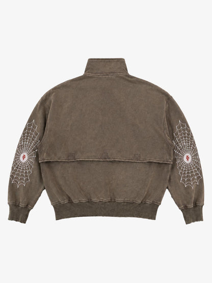 Spiderweb Graphic Washed Distressed Half-Zip Hoodie