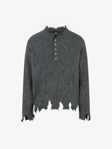 Knitted Distressed Diamond Pattern Raw Edge Sweater 