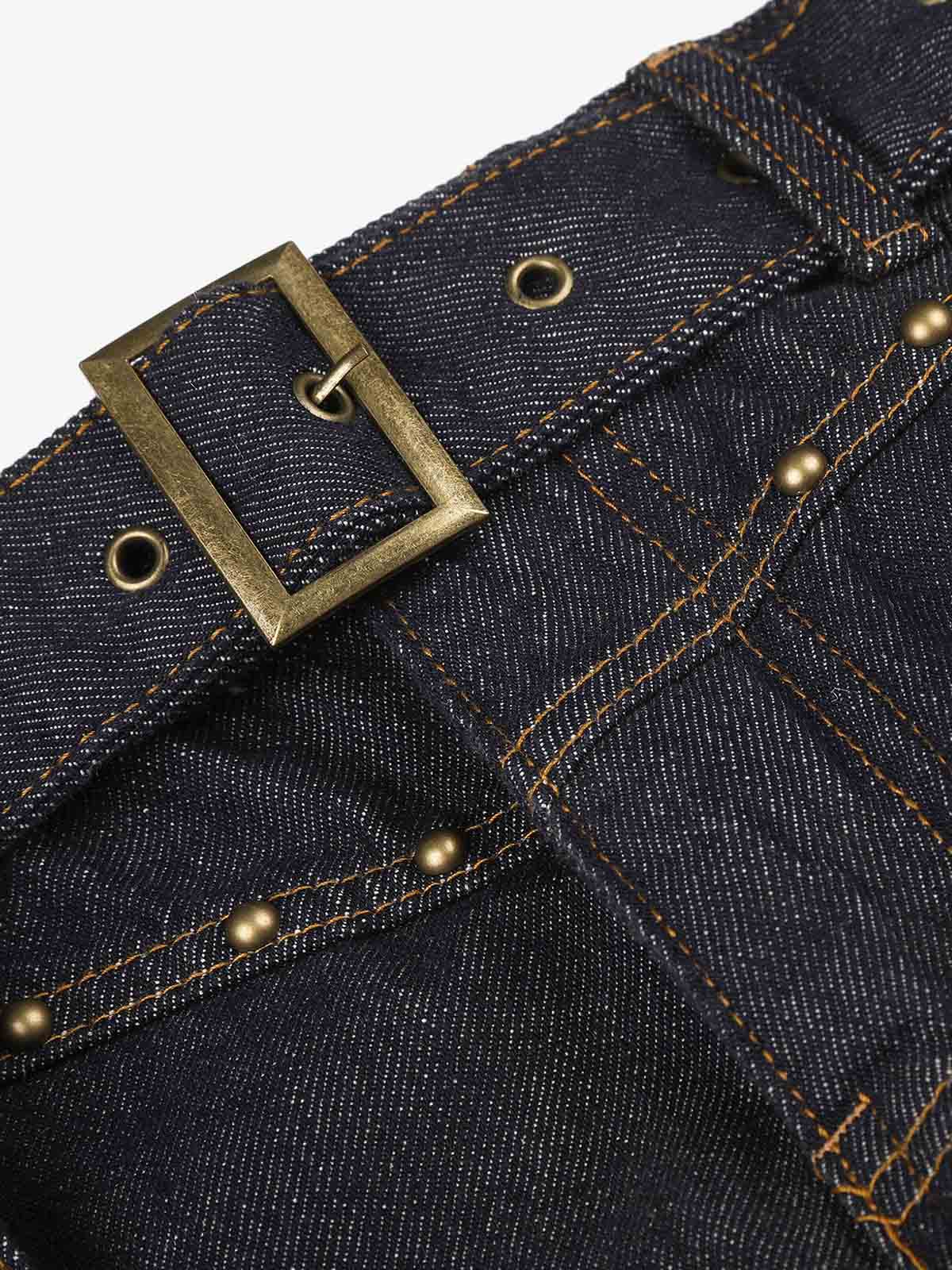 Thesupermade Raw Denim Rhinestone Turn-up Baggy Jeans