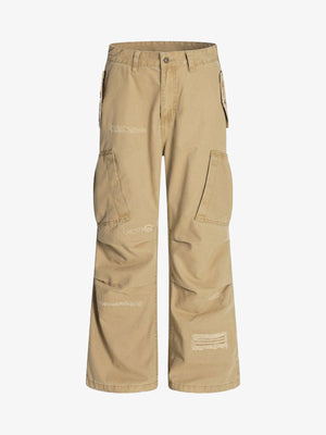 Hole Patch Pleated Multi-pocket Work Wear Casual Pants 