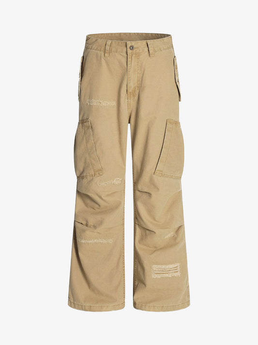 Hole Patch Pleated Multi-pocket Work Wear Casual Pants 