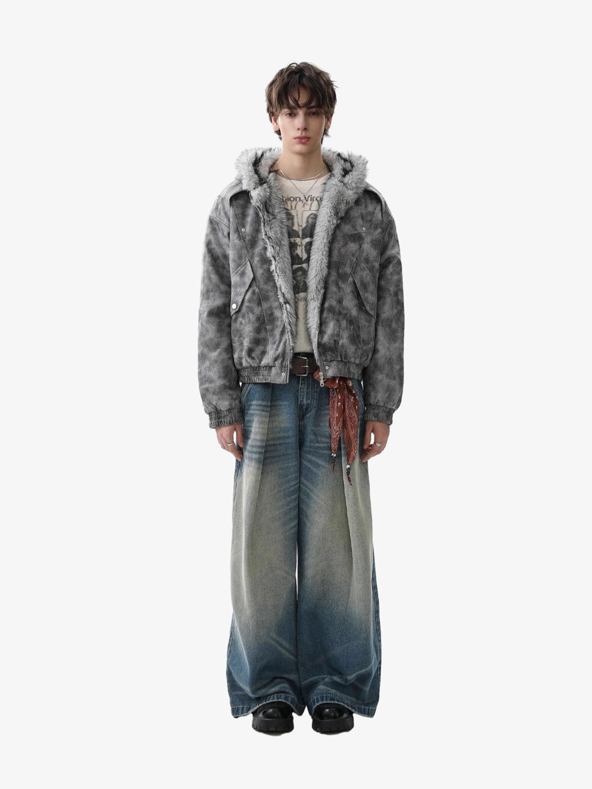 Faux Suede Vintage Wash Fur Hood Padded Jacket - 2553 