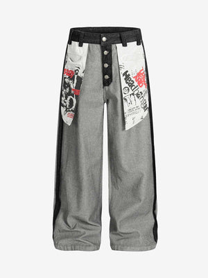 Distressed Reverse Design Large Pocket Printed Jeans - 2568 