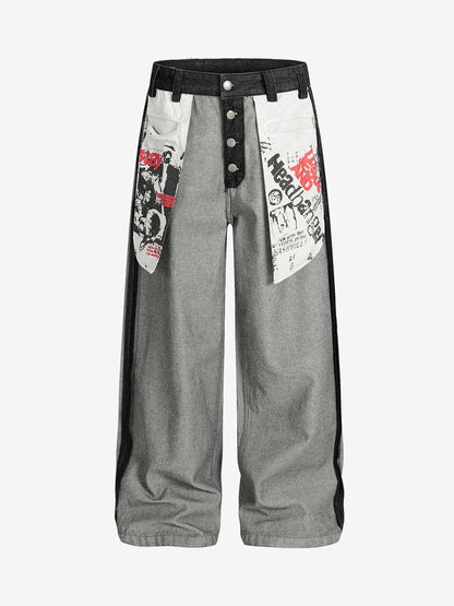 Distressed Reverse Design Large Pocket Printed Jeans - 2568 