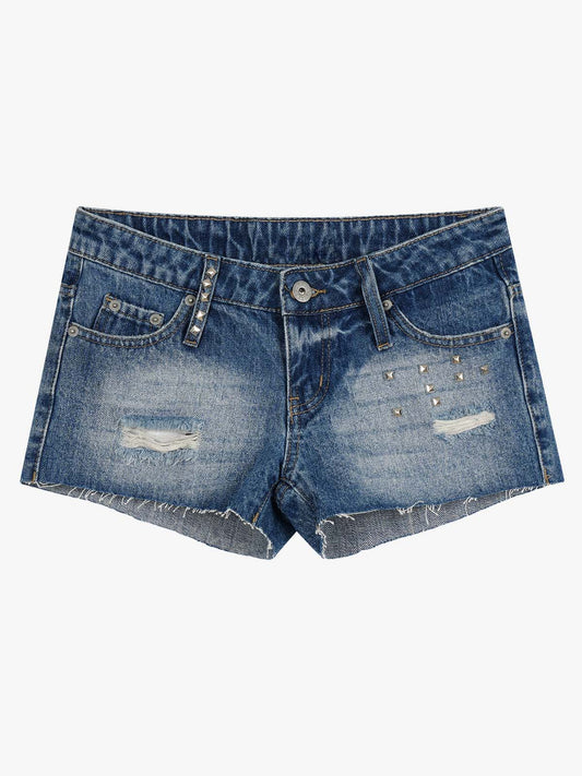 Thesupermade Distressed Metallic Studded Low Rise Mini Shorts