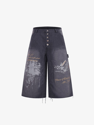 Multi-Button Distressed Print Jorts
