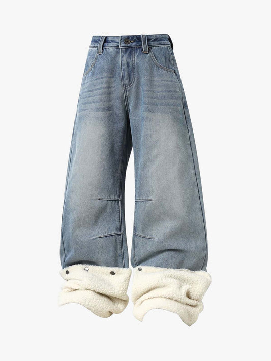 Sherpa Paneled Stacked Baggy Jeans 