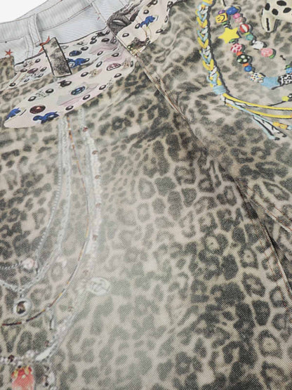 Charm Detail Leopard Denim Shorts