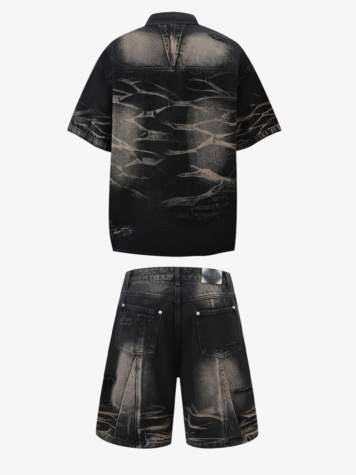 Washed Black Branch Print Deconstructed Denim Set 