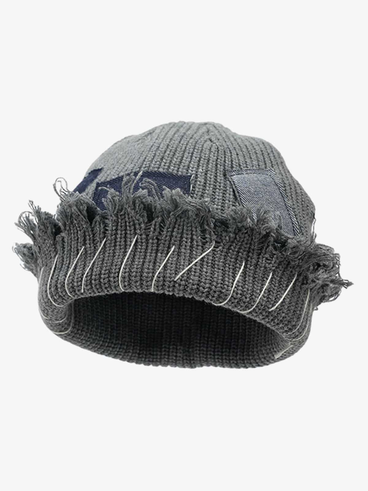 Distressed Denim Patchwork Beanie 