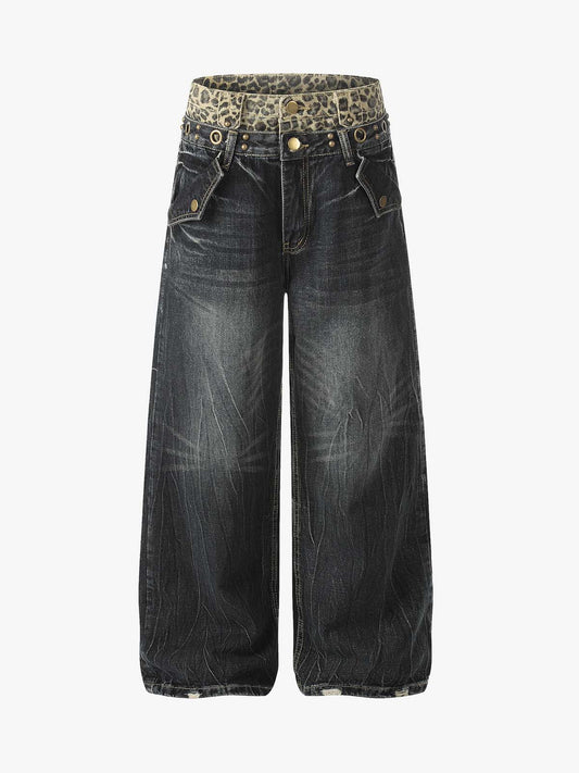 Y2K Double Waistband Leopard Print Wide Leg Jeans 