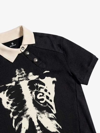 Skeleton Ribcage Graphic Print Asymmetric Button Polo Shirt 