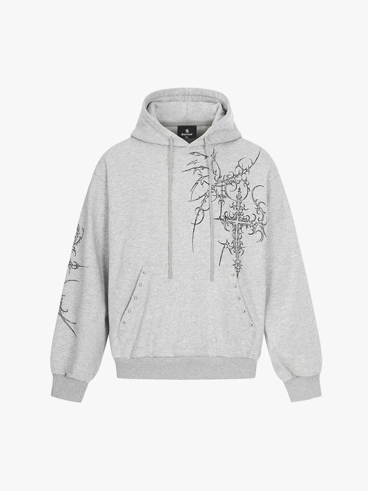 Floral Line Art Studded Pocket Hoodie 