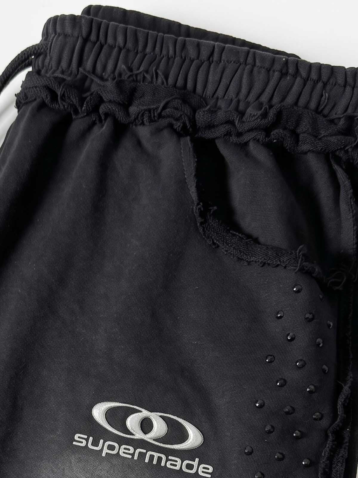 Washed Distressed Rhinestone Trim Sweatpants