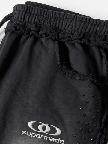 Washed Distressed Rhinestone Trim Sweatpants