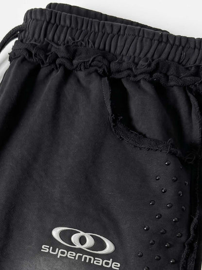 Washed Distressed Rhinestone Trim Sweatpants
