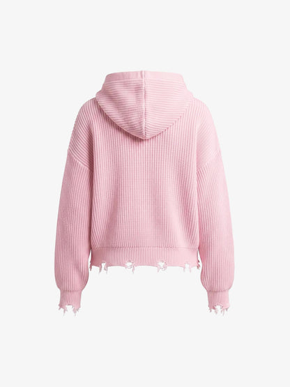 Pink Knit Fleece Zip-Up Hoodie with Embroidered Logo