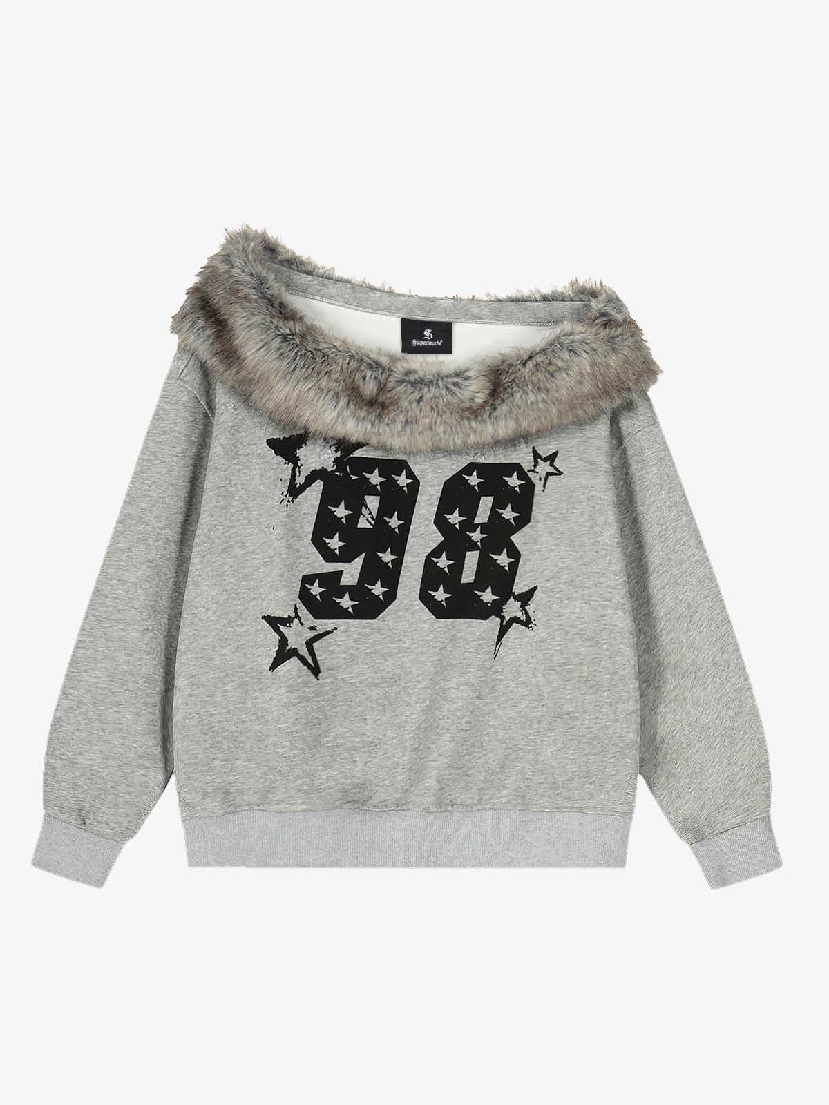 Off-Shoulder Fur Collar '98' Graphic Sweatshirt